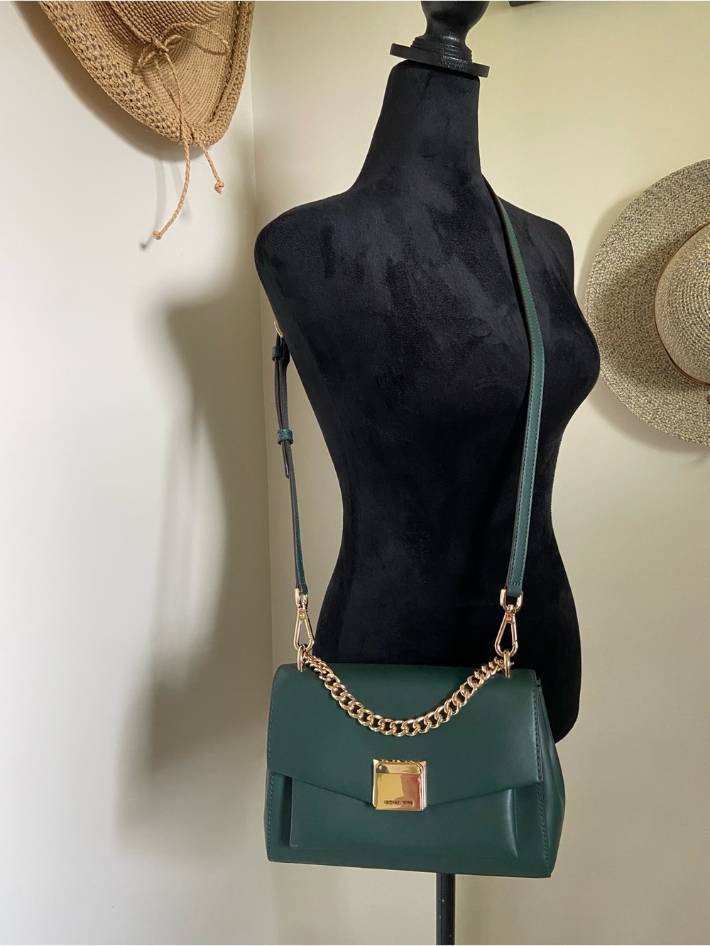 Michael Kors Dark Green Leather Crossbody with Gold Chain